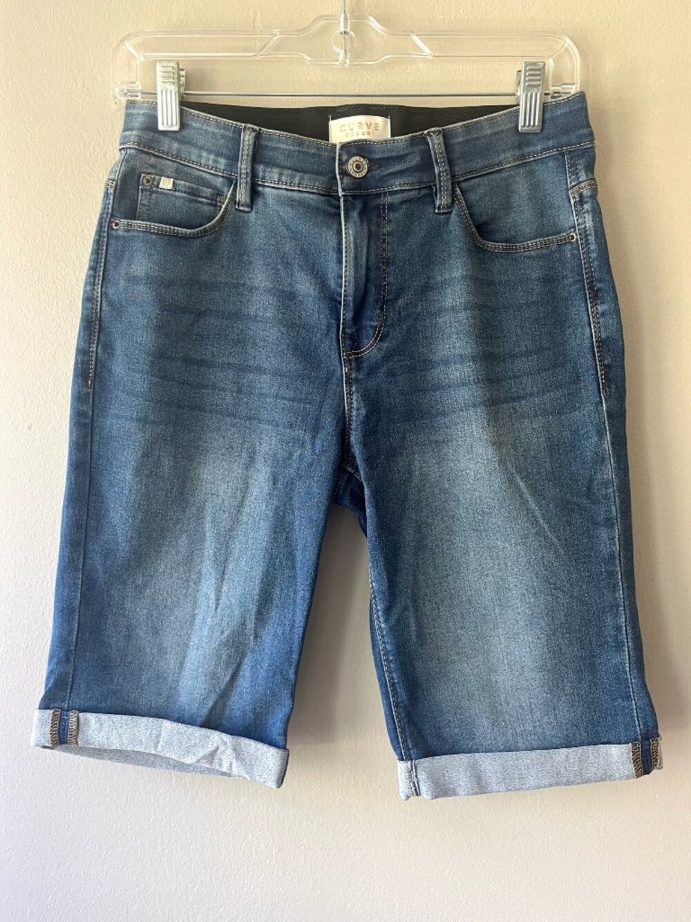 Curve Womens Sz‎ 28 Cuffed Bermuda Denim Jean Shorts Pockets